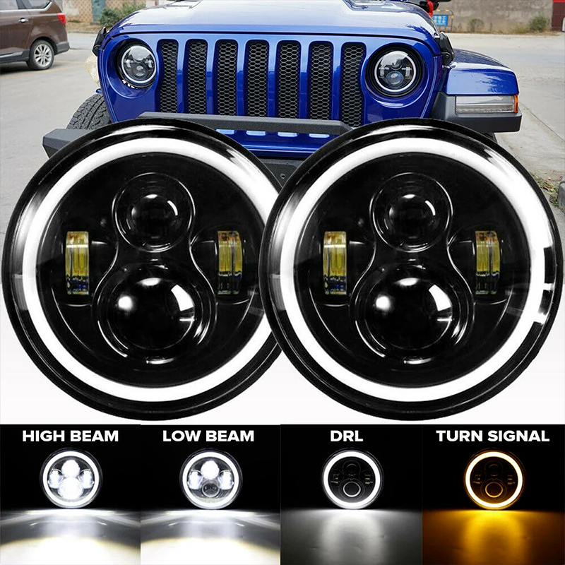 Kit 2 Phares LED Rond 7″ (17,78 cm) – 60 W – Hi/Low H4 – Double faisceau Blanc/Jaune + DRL Halo Ring – Jeep, Harley, BMW, Off-Road